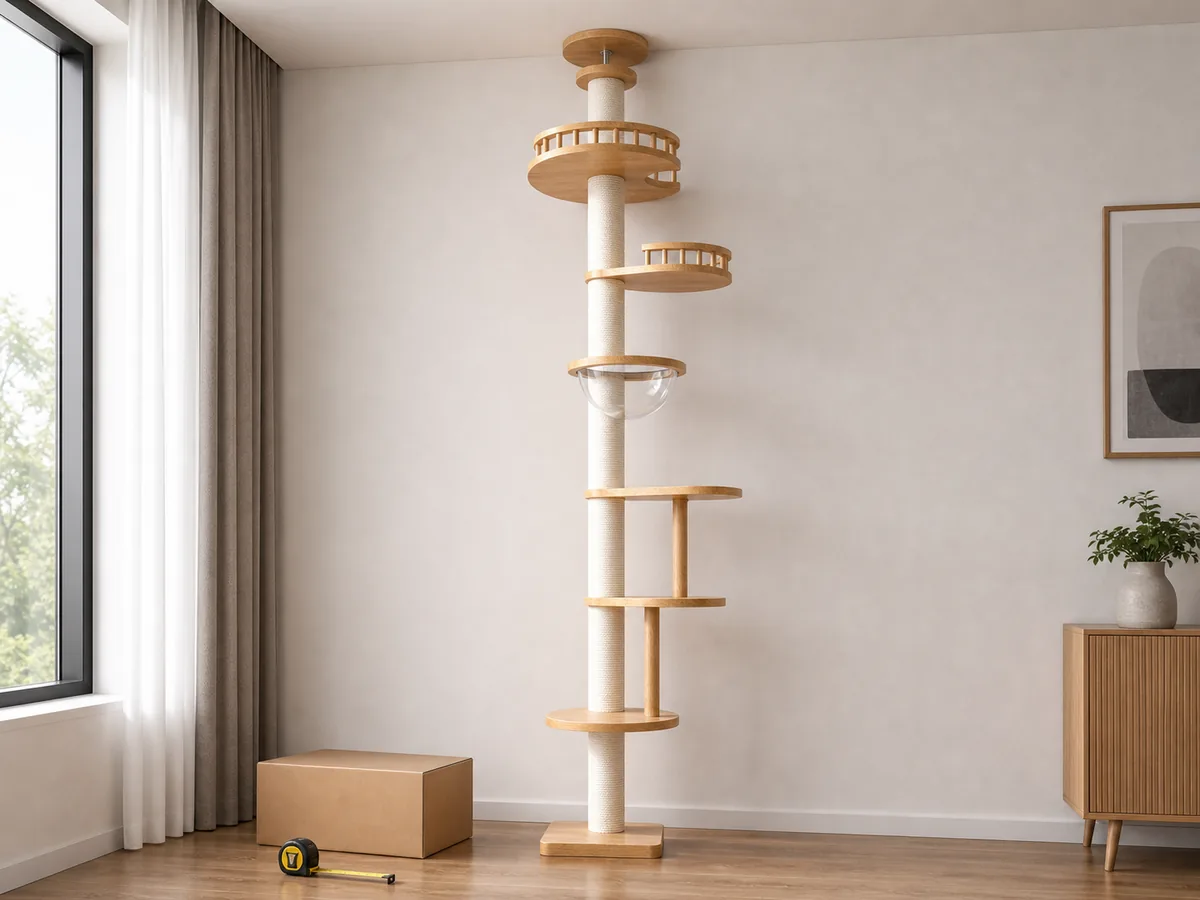 CT-0708-057 floor-to-ceiling cat tree prepared for installation and carton review