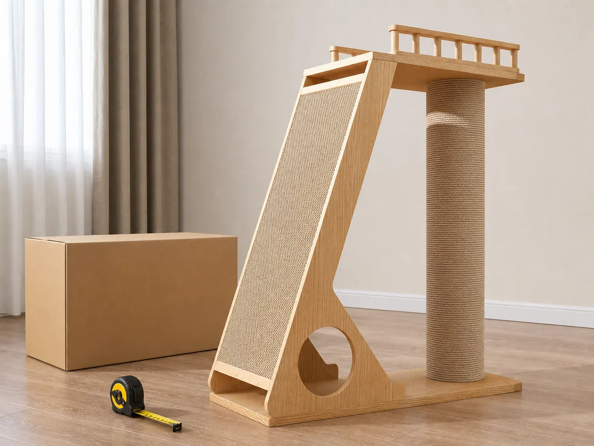 SP-0708-090 solid wood cat scratching post prepared for carton and measurement review