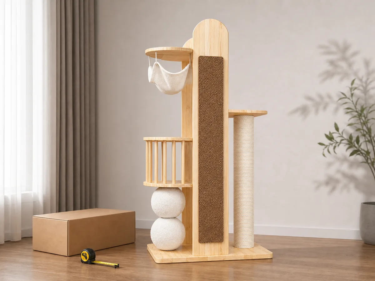 TW-0708-086 solid wood cat tower prepared for sample stability and carton review