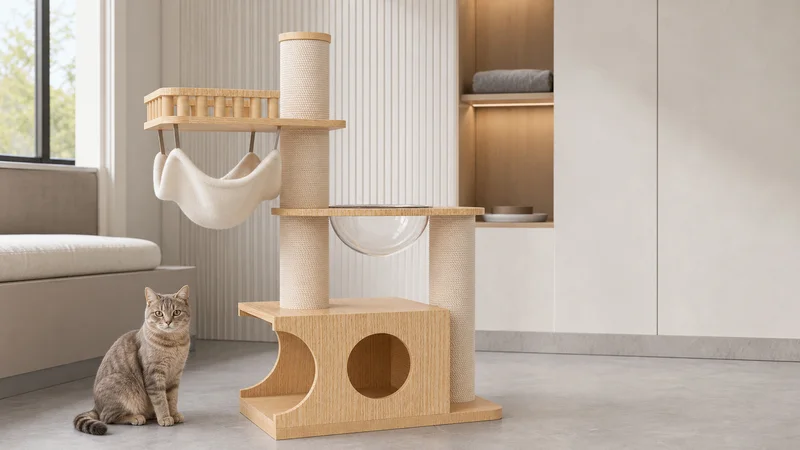 Compact solid wood cat tree CT-0708-071 in a bright pet hotel guest suite
