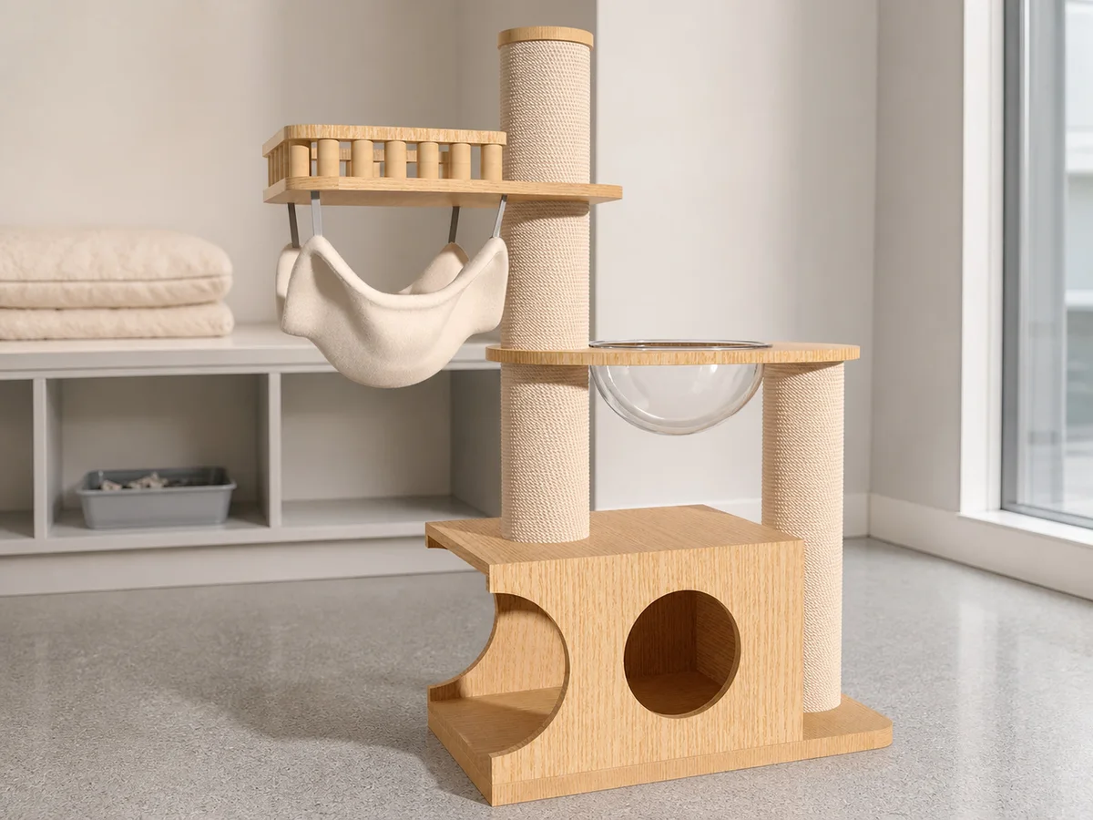 CT-0708-071 compact cat tree prepared for pet hotel room-turnover and component review