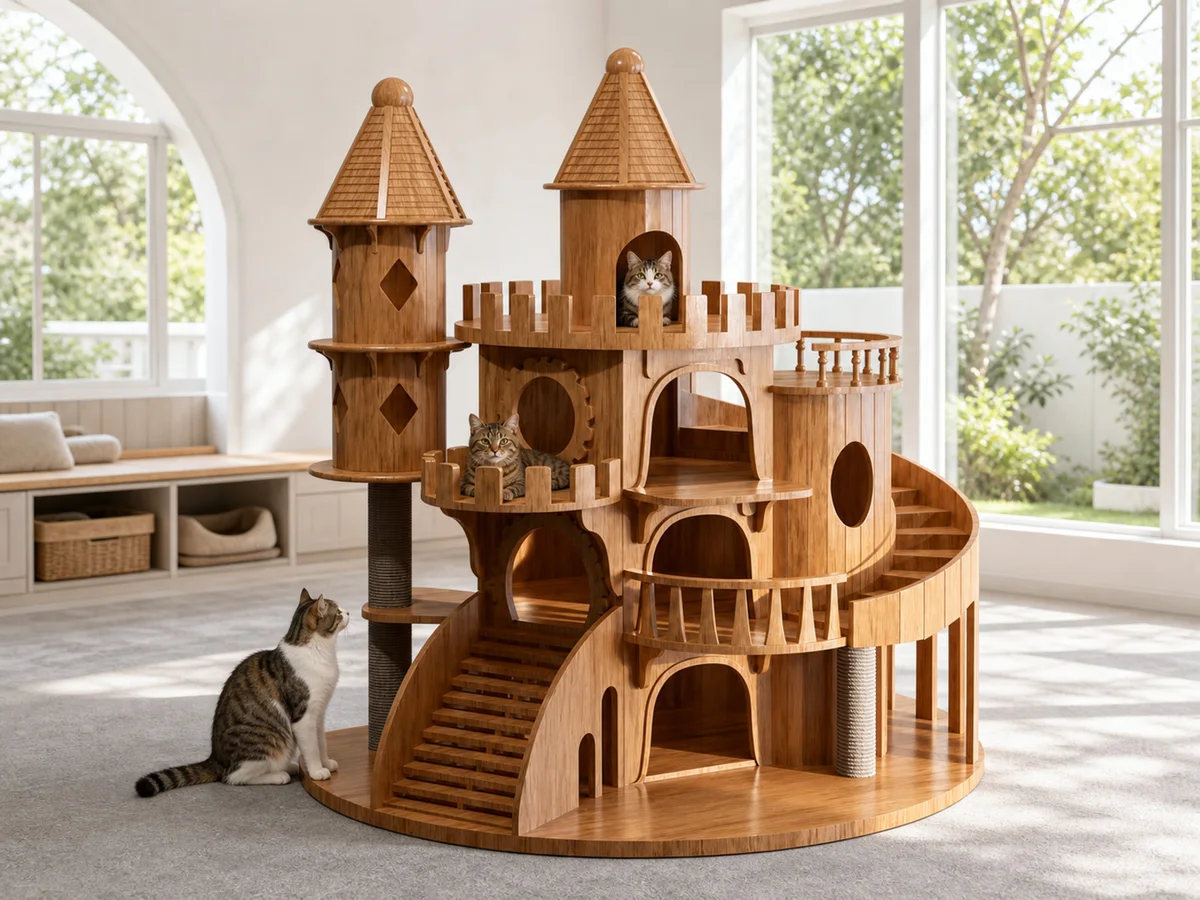 Wooden cat villa CV-0708-093 in a dedicated residential cat room
