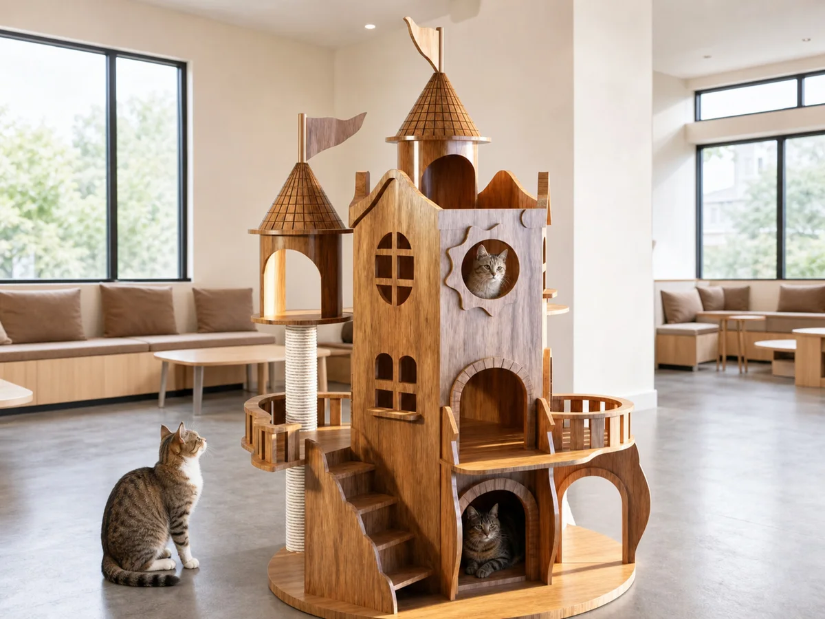 CV-0708-094 wooden cat castle with clear circulation space in a cat cafe