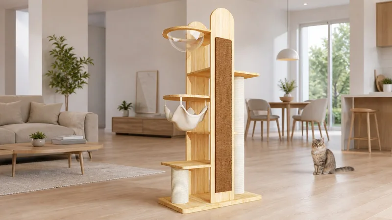 Dual-sided capsule cat tree CT-0708-088 in a bright open-plan interior