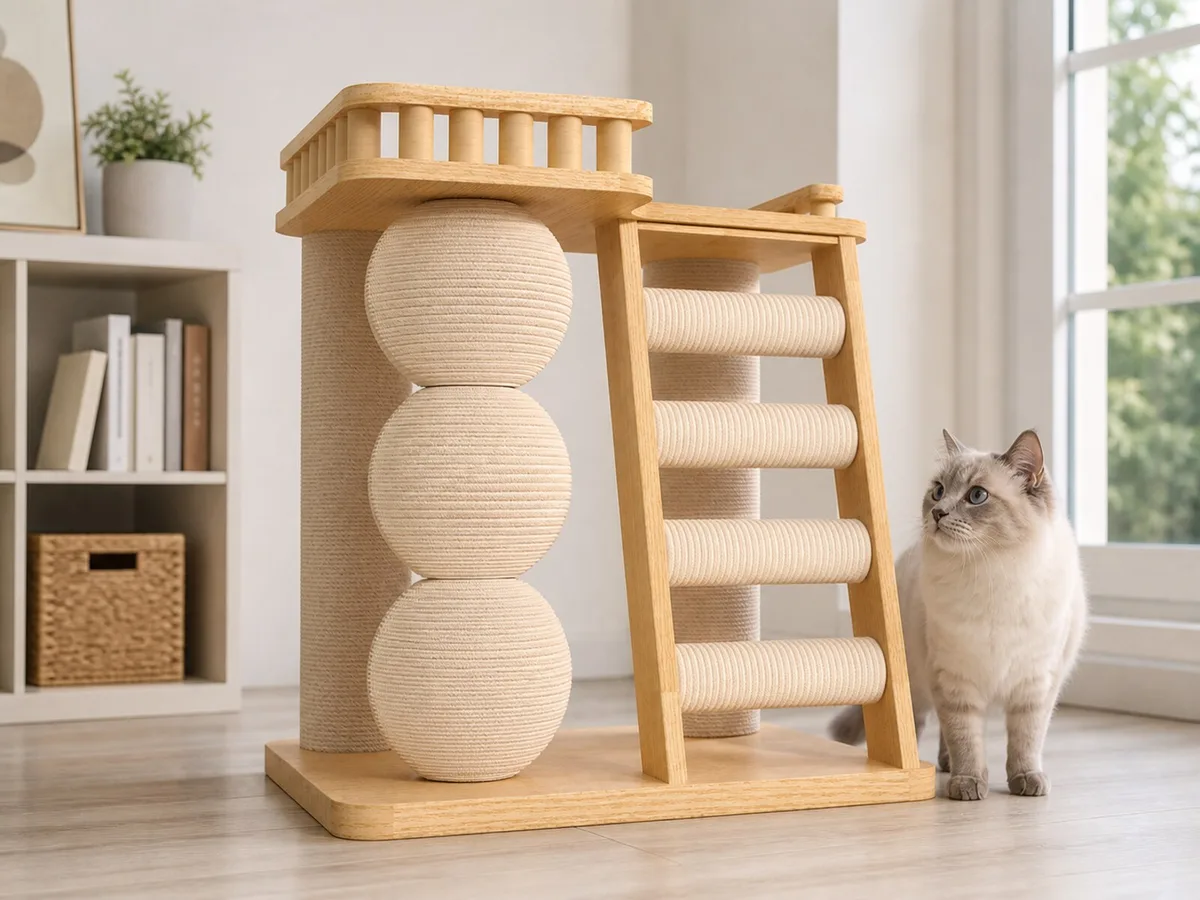 TW-0708-081 low-rise solid wood cat tower beside compact home furniture