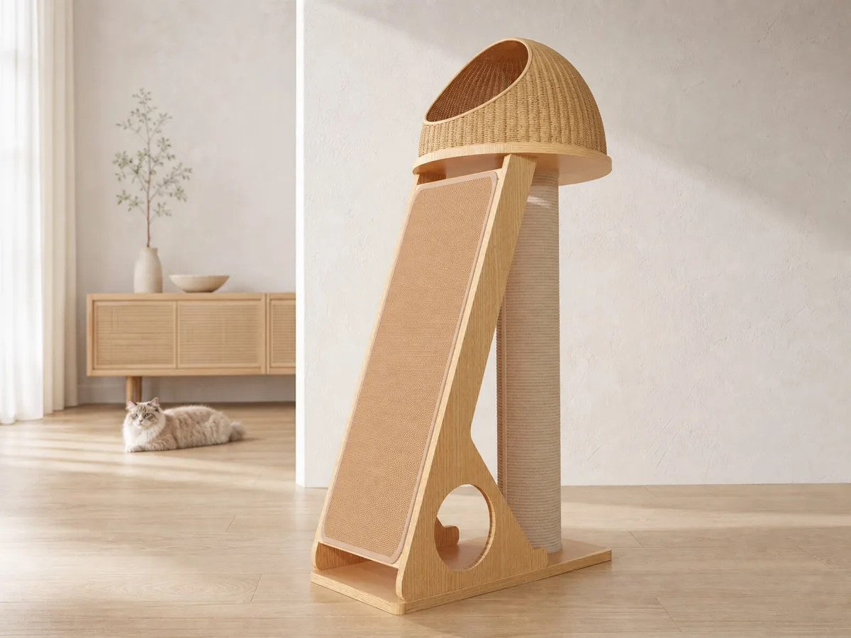 SP-0708-091 A-frame cat scratching furniture in a calm home editorial scene