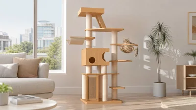 Solid Wood Cat Tree for Layered Climbing and Resting