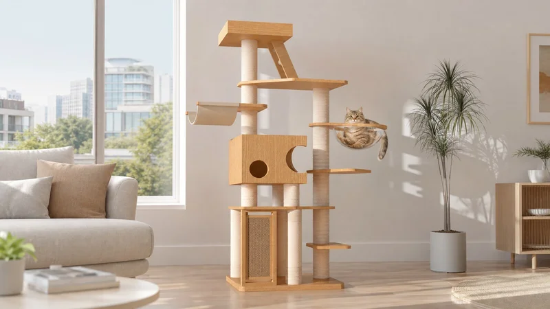 Solid wood cat tree CT-0708-016 with hideaway box, hammock, clear bowl, scratching panel, and platforms