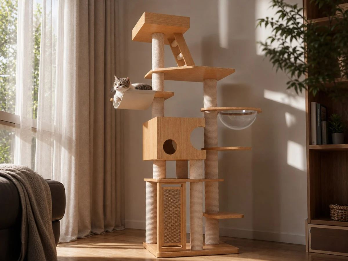 CT-0708-016 solid wood cat tree in a warm reading-room setting with visible hammock and clear bowl