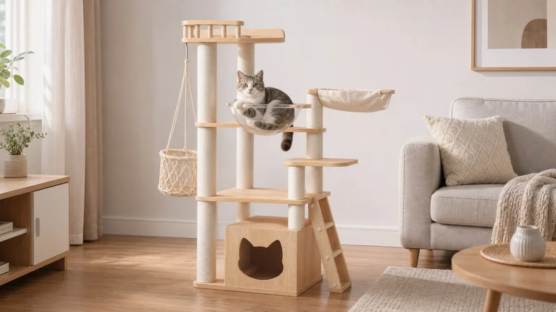 CT-0708-061 solid wood cat tree with cat-shaped hideaway entrance, clear bowl, hammock, hanging basket, ladder, and guarded top perch