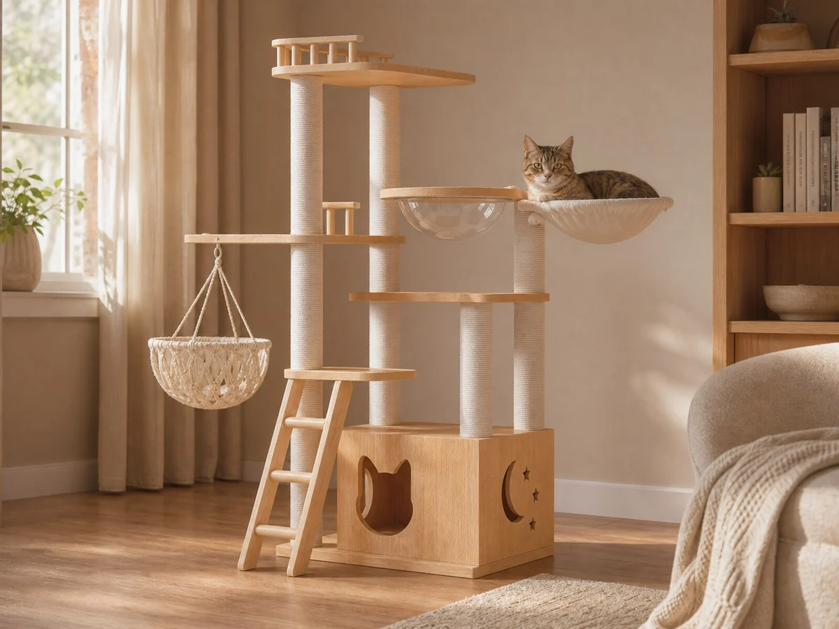 CT-0708-061 cat tree in a reading-room setting with visible cat-shaped hideaway, moon and stars, ladder, clear bowl, hanging basket, and hammock