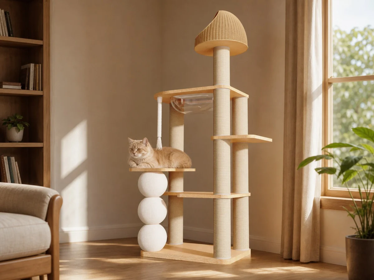 SP-0708-067 tall cat scratching tower in a reading room with visible textured forms, clear bowl, tassel, canopy, rope posts, and platforms