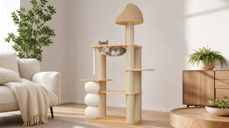 Tall cat scratching tower SP-0708-067 with woven-look canopy, rounded textured forms, clear bowl, rope posts, and platforms