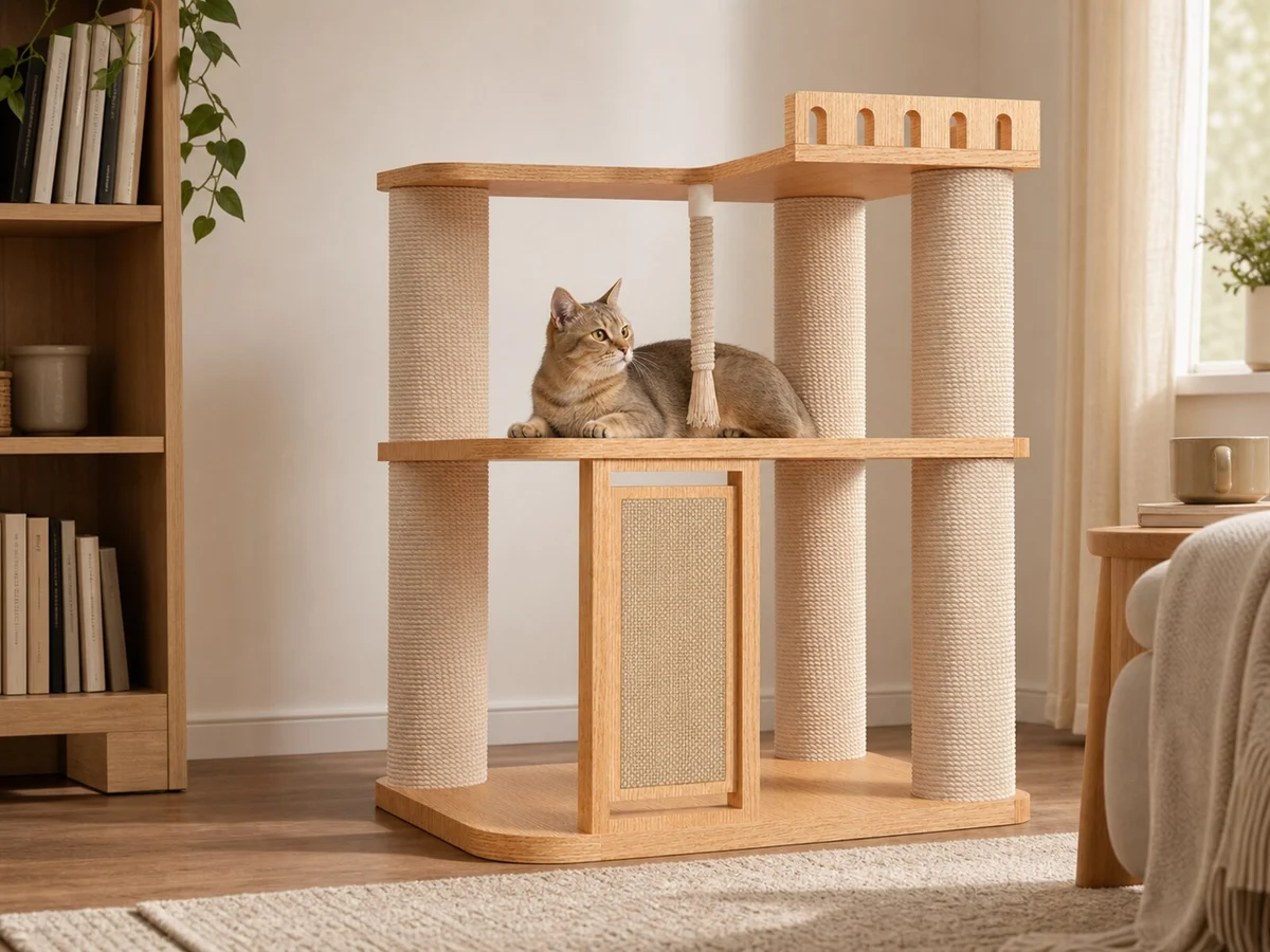 CT-0708-054 open-frame cat tree in a reading-room setting with four posts, framed scratching panel, tassel, broad middle deck, and guarded top deck