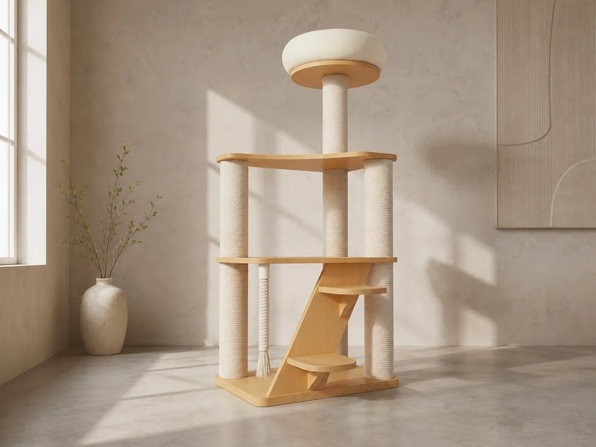 TW-0708-080 solid wood cat tower in a neutral studio showing the rectangular base, diagonal board, two rounded step platforms, rope-wrapped posts, tassel, and round cushioned top