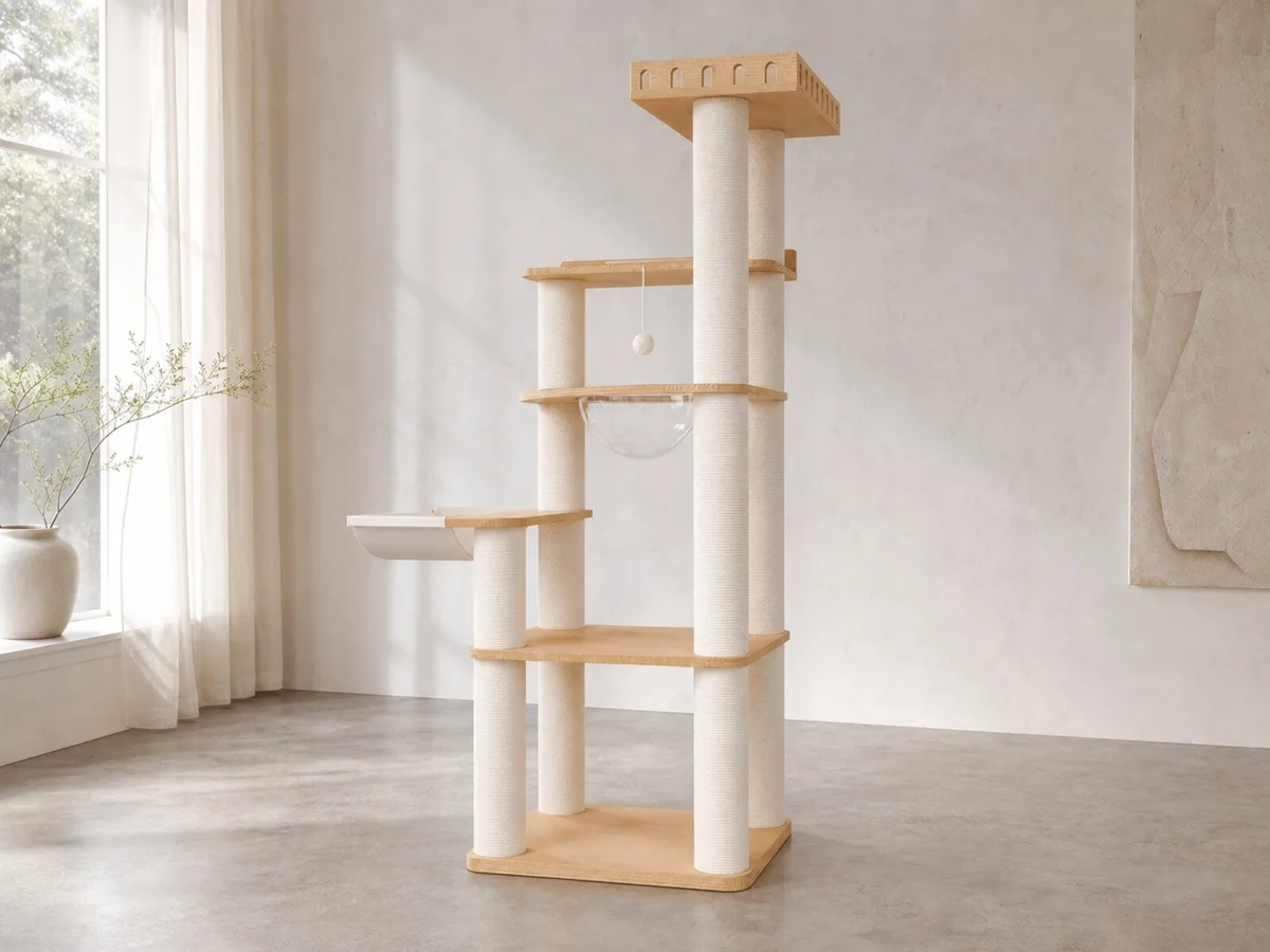 CT-0708-036 asymmetric solid wood cat tree in a neutral studio with projecting side shelf, transparent bowl, tall rope-wrapped posts, upper tassel shelf, and guarded square top deck