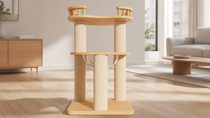 Compact curved-deck cat tree CT-0708-013 with a square natural wood base, three rope-wrapped posts, centred transparent bowl, and raised end rails