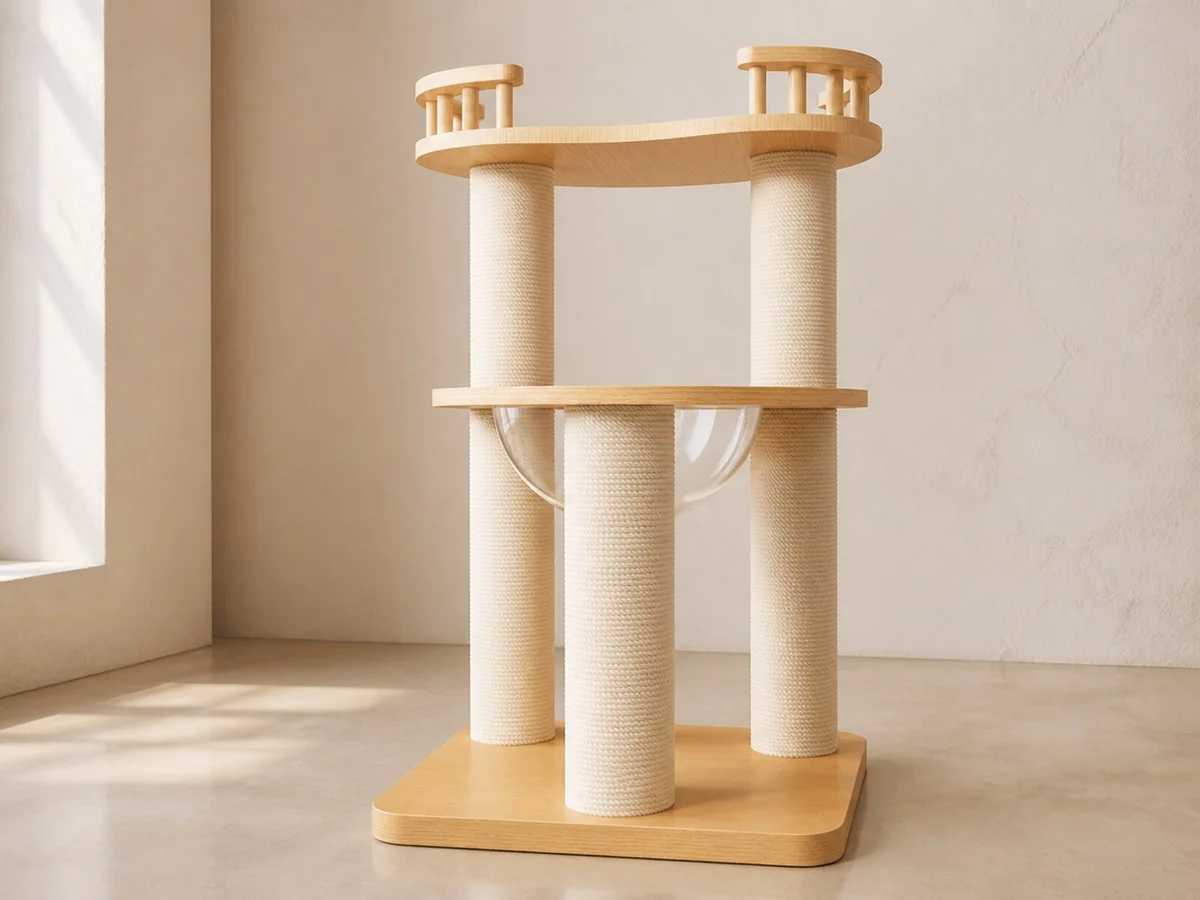 CT-0708-013 compact curved-deck cat tree in a neutral studio with square base, three rope-wrapped posts, centred clear bowl, and paired raised end rails