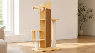 Vertical Scratch-Panel Cat Tree for Narrow-Depth Collections