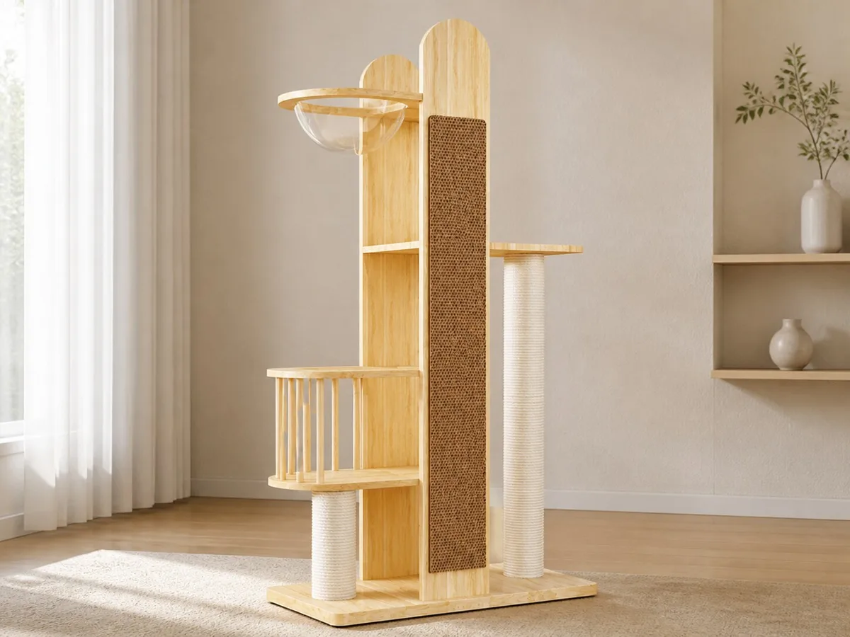 Product-faithful CT-0708-087 cat tree showing the pale wood spine, brown vertical scratch panel, clear bowl, railed deck, and rope-wrapped supports