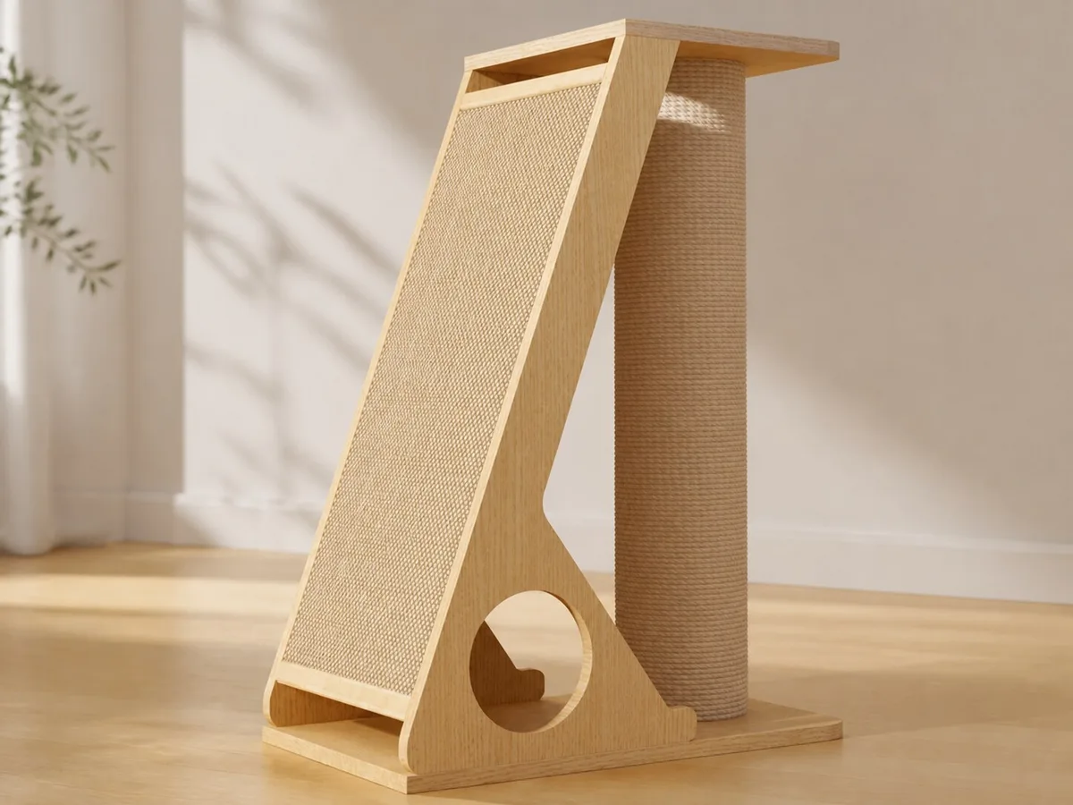 Product-faithful SP-0708-089 A-frame scratcher showing the pale wood triangular side, inclined panel, circular opening, one rope-wrapped post, and top deck