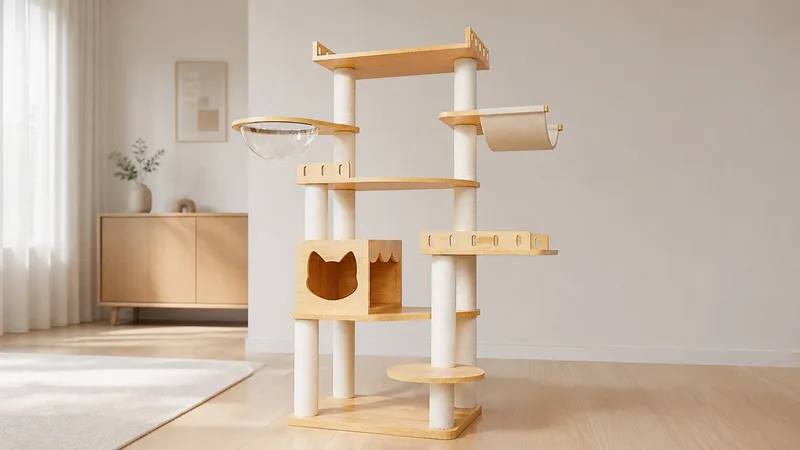 CT-0708-074 solid wood cat tree with lower cat-head den, left clear capsule bowl, right fabric hammock, rope-wrapped posts, and raised top perch
