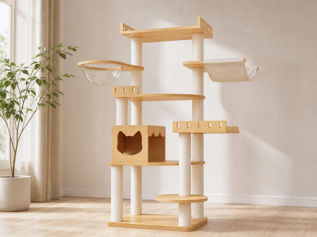 Product-faithful CT-0708-074 cat tree showing the lower den with cat-head opening, left transparent bowl, right suspended hammock, open ledges, and top safety rails