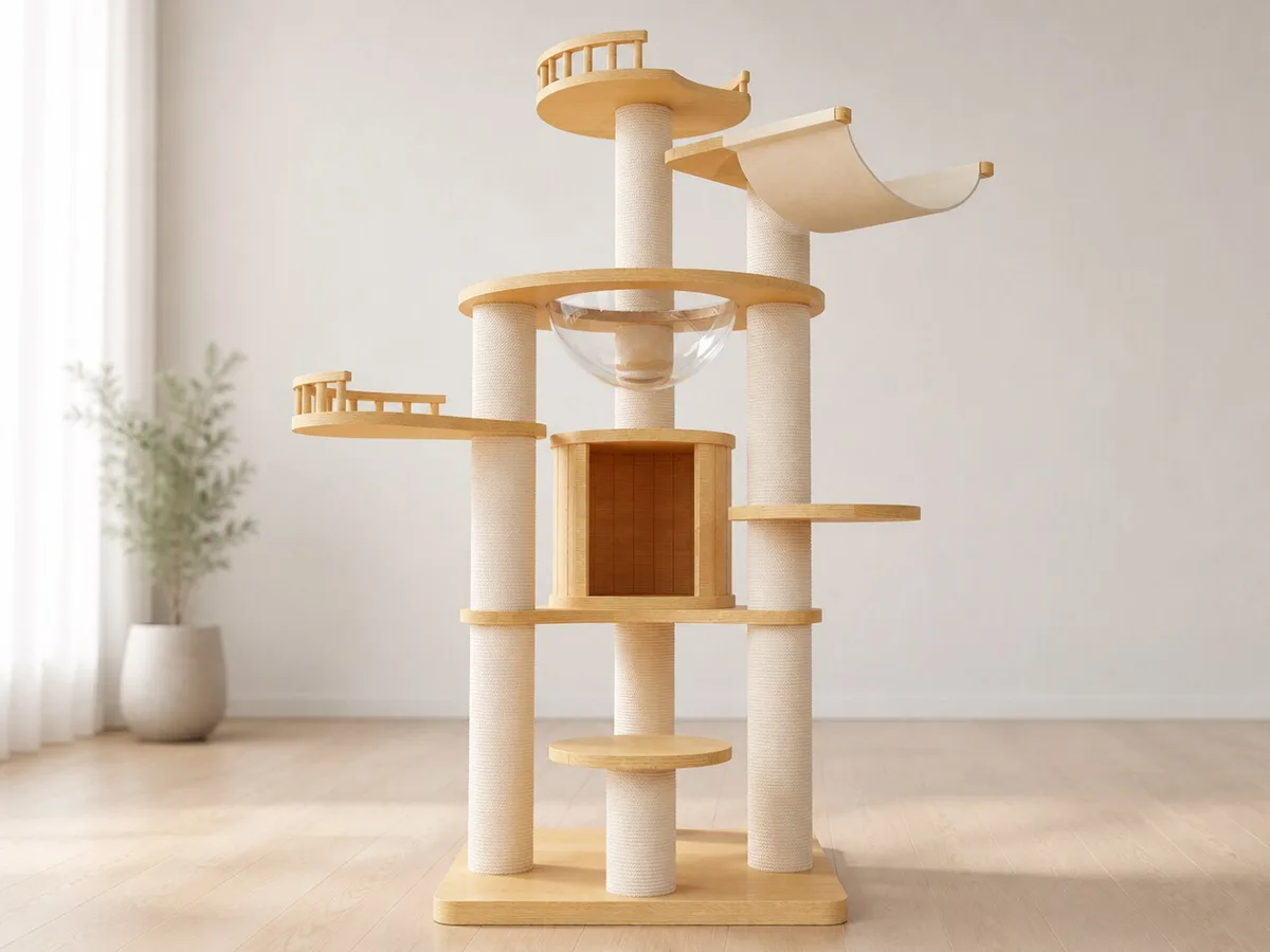 Product-faithful CT-0708-056 cat tree with broad rectangular base, lower den, clear suspended bowl, round step perch, upper curved guard rail, and beige hammock