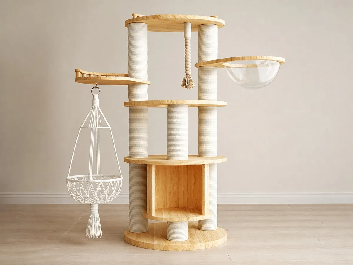 Product-faithful CT-0708-015 cat tree with lower curved open den, hanging rope-net basket at left, clear bowl at right, white rope-wrapped posts, and central tassel