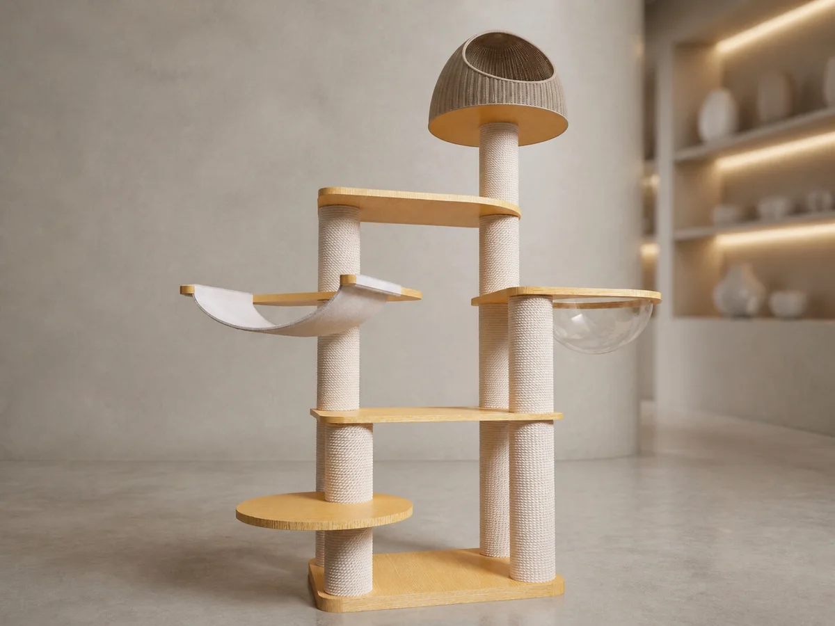 Product-faithful CT-0708-004 cat tree with pale wood frame, rope-wrapped supports, left hammock, right clear bowl, lower round platform, and woven-look upper canopy
