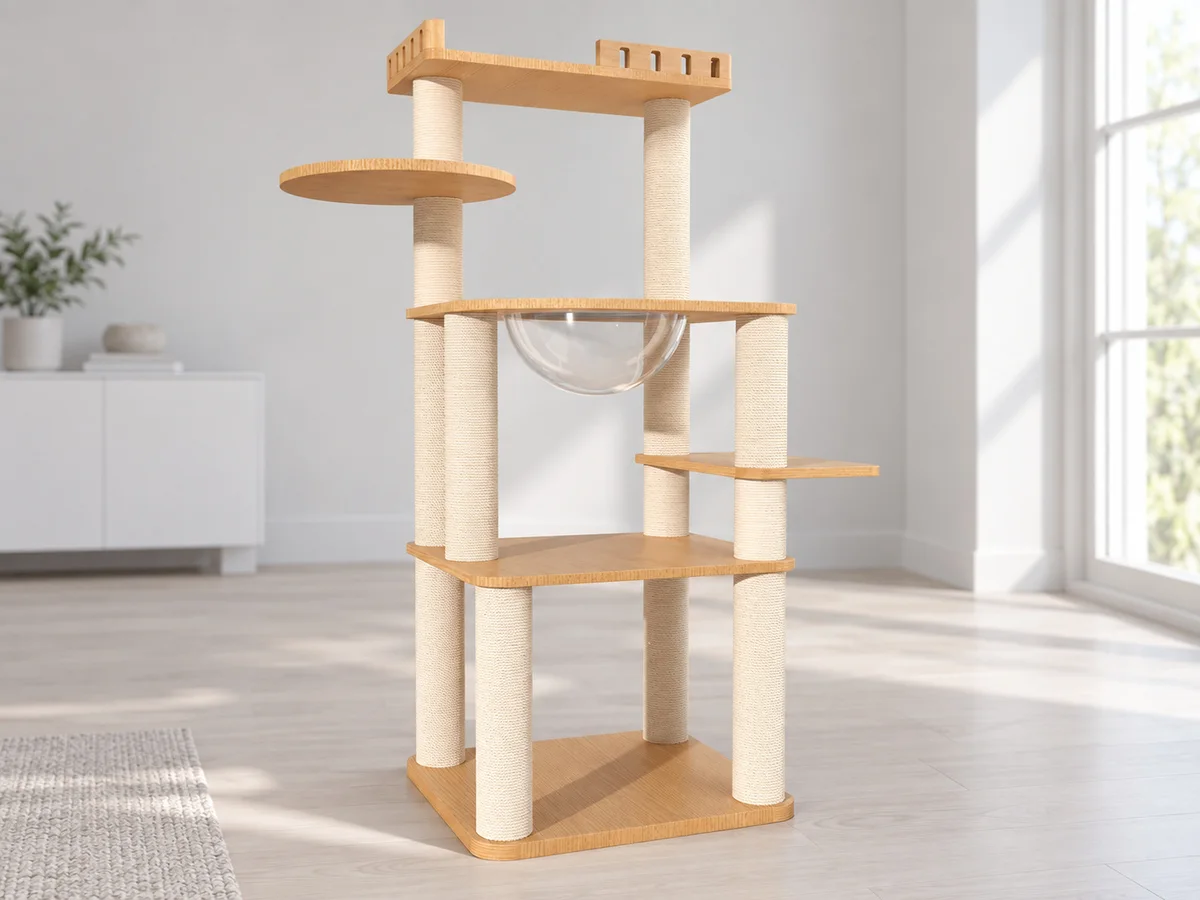 CT-0708-007 open-frame cat tree showing the bowl carrier, projecting round perch, right step and exposed wooden platform surfaces