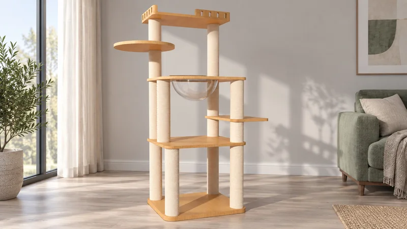 Open wooden CT-0708-007 cat tree with clear bowl, staggered side platforms, rope-wrapped posts and rail-edged top deck in a living room