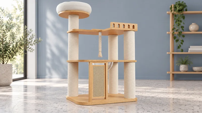 CT-0708-008 wooden cat tree with padded round top perch, rail-edged upper deck, thick rope-wrapped posts and front vertical scratching panel