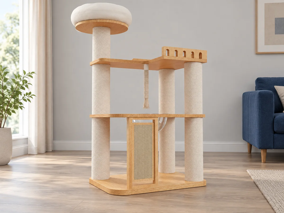 Mid-height CT-0708-008 capsule cat tree in a home interior showing its front scratching panel, upper rail and padded round perch