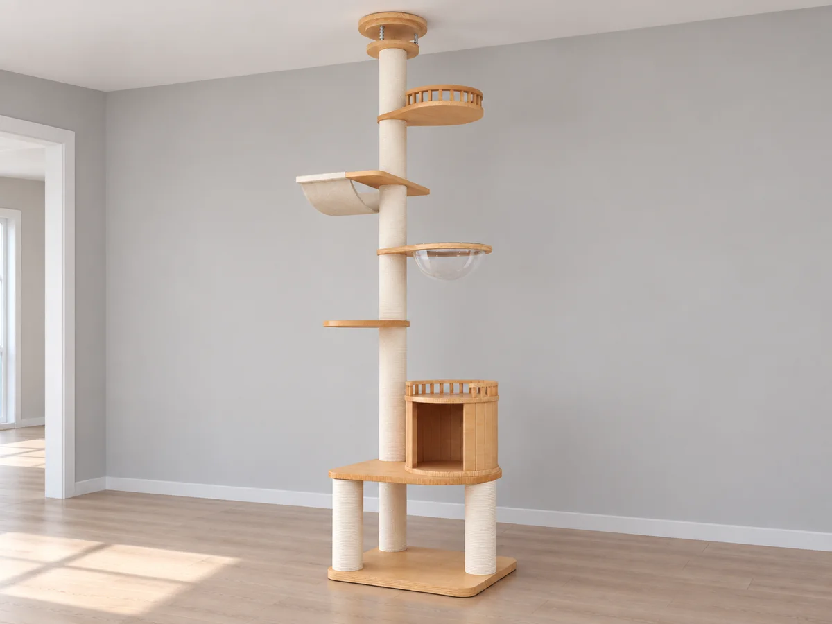 Product-faithful CT-0708-049 floor-to-ceiling cat tree shown from its base and lower den to the top ceiling-contact discs
