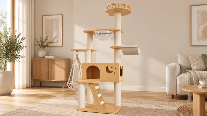 CT-0708-076 multi-feature wooden cat tree with den, ramp, clear bowl, rope basket, fabric hammock and upper rail platform