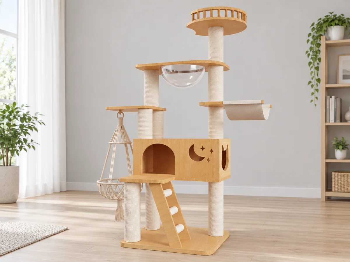 Full CT-0708-076 cat tree shown in a neutral showroom with its ramp, den, basket, clear bowl, hammock and top platform visible
