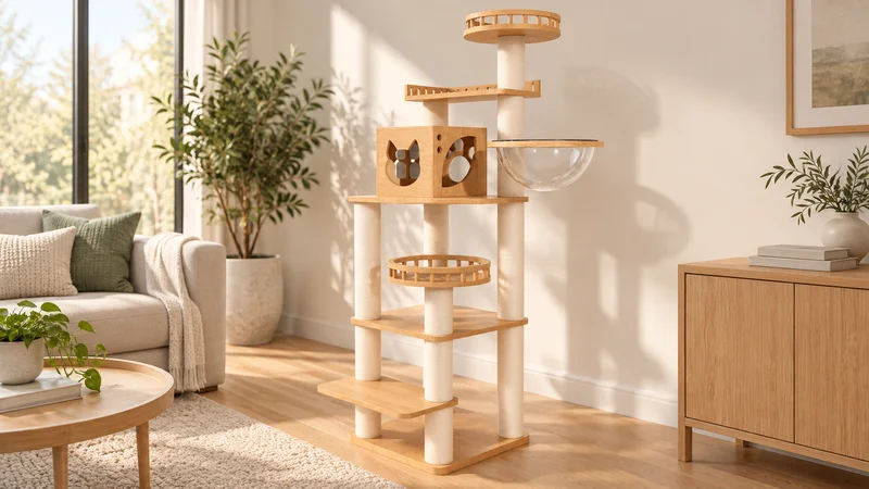 CT-0708-078 pale-wood cat tree with cat-head and paw-cutout den, transparent side bowl, steps and round top perch