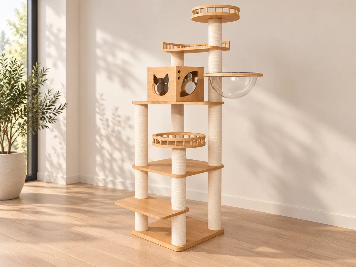Full CT-0708-078 cat tree in a neutral room with the paw-cutout wooden den and clear right-side bowl visible