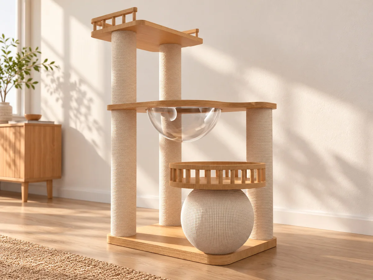 Full CT-0708-083 cat tree in a neutral furniture showroom, showing the rounded lower feature, clear bowl and open frame