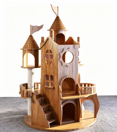 Wooden Castle Cat Villa with Multi-Level Playhouse