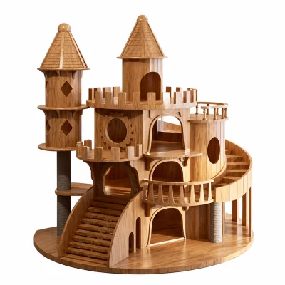 Large Wooden Cat Villa with Castle Towers