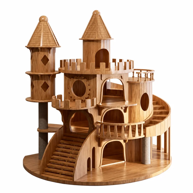 Large Wooden Cat Villa with Castle Towers